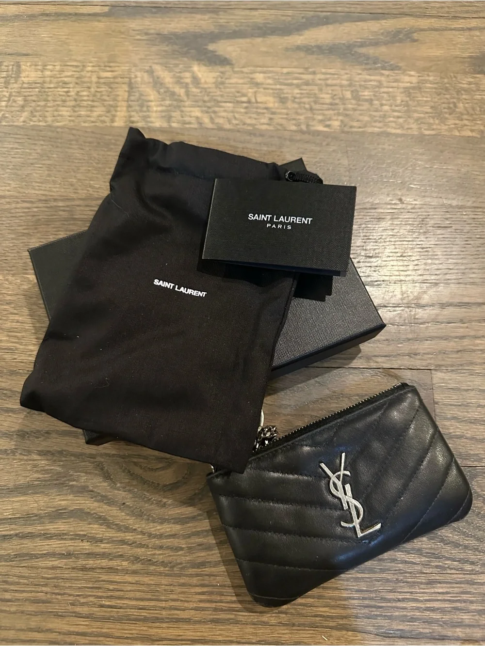 Saint Laurent Black Quilted Leather Key Pouch with Silver YSL Chain